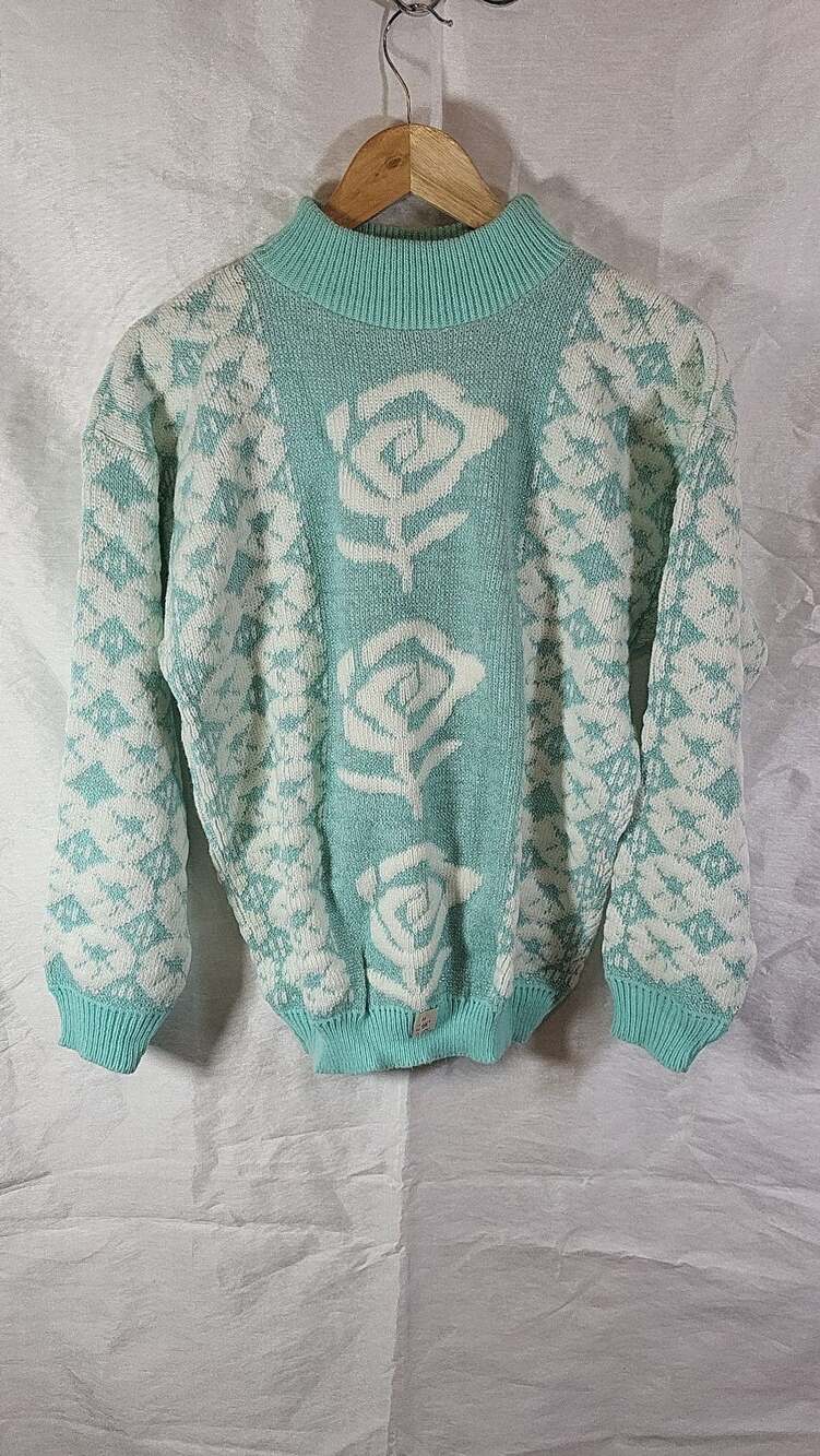 NWT Vintage 80s Private Eyes Pastel Aqua Blue Rose Metallic Lurex Knit Sweater W